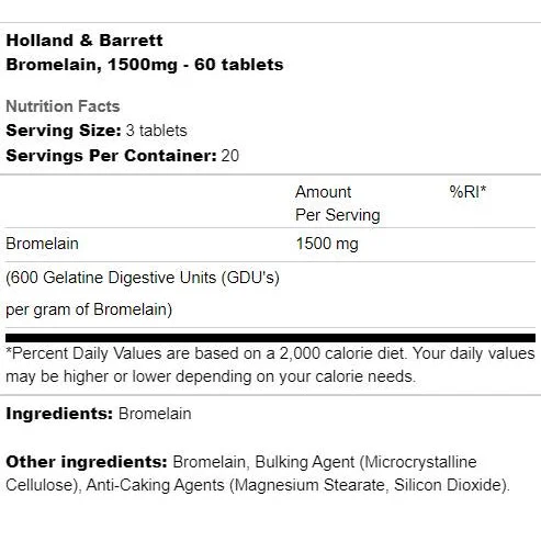 Bromelain 1500 mg / 60 Таблетки, 60 дози - Holland And Barrett