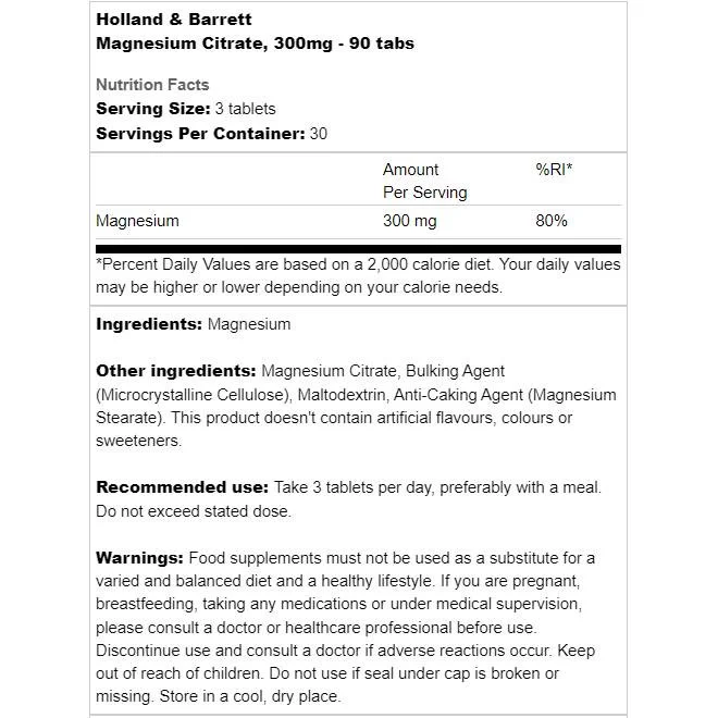 Magnesium Citrate 300 mg / 90 Таблетки, 90 дози - Holland And Barrett