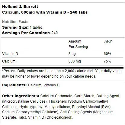Calcium 600 mg + Vitamin D / 240 Таблетки, 240 дози - Holland And Barrett