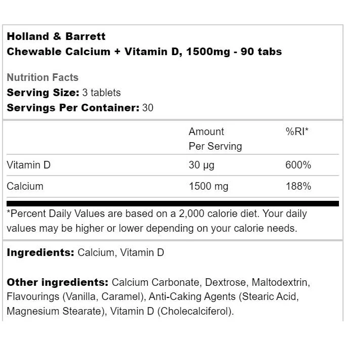 Chewable Calcium 1500 mg + Vitamin D / 90 Дъвчащи таблетки, 30 дози - Holland And Barrett