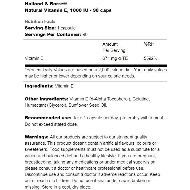 Natural Vitamin E 1000 IU / 90 капсули, 90 дози - Holland And Barrett