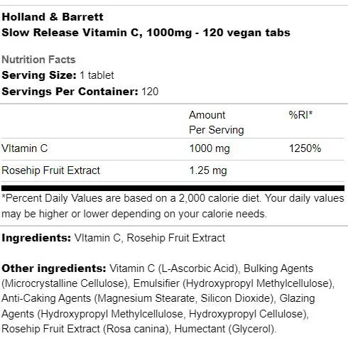 Slow Release Vitamin C 1000 mg / 120 Таблетки, 120 дози - Holland And Barrett