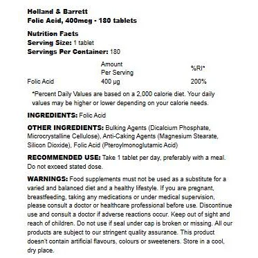 Folic Acid 400 mcg / 180 Таблетки, 180 дози - Holland And Barrett