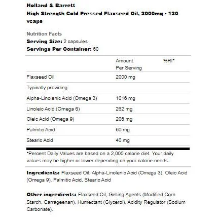 High Strength Cold Pressed | Flaxseed Oil 2000 mg / 120 капсули, 60 дози - Holland And Barrett