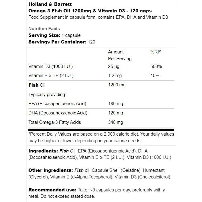 Omega 3 Fish Oil 1200 mg & Vitamin D3 / 120 Гел капсули, 120 дози - Holland And Barrett