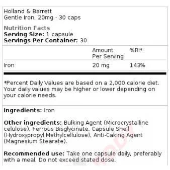Gentle Iron 20 mg / 90 капсули, 90 дози - Holland And Barrett