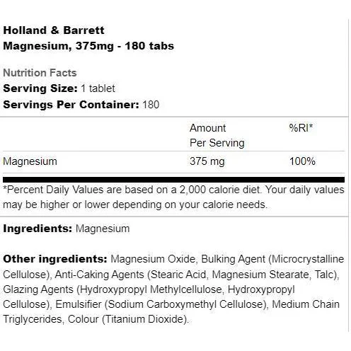 Magnesium 375 mg / 90 Таблетки, 90 дози - Holland And Barrett