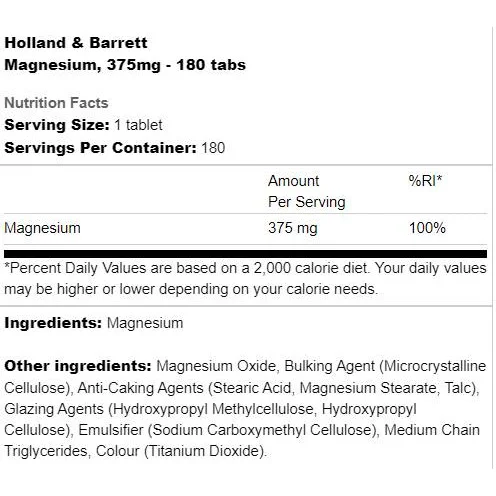 Magnesium 375 mg / 180 Таблетки, 180 дози - Holland And Barrett