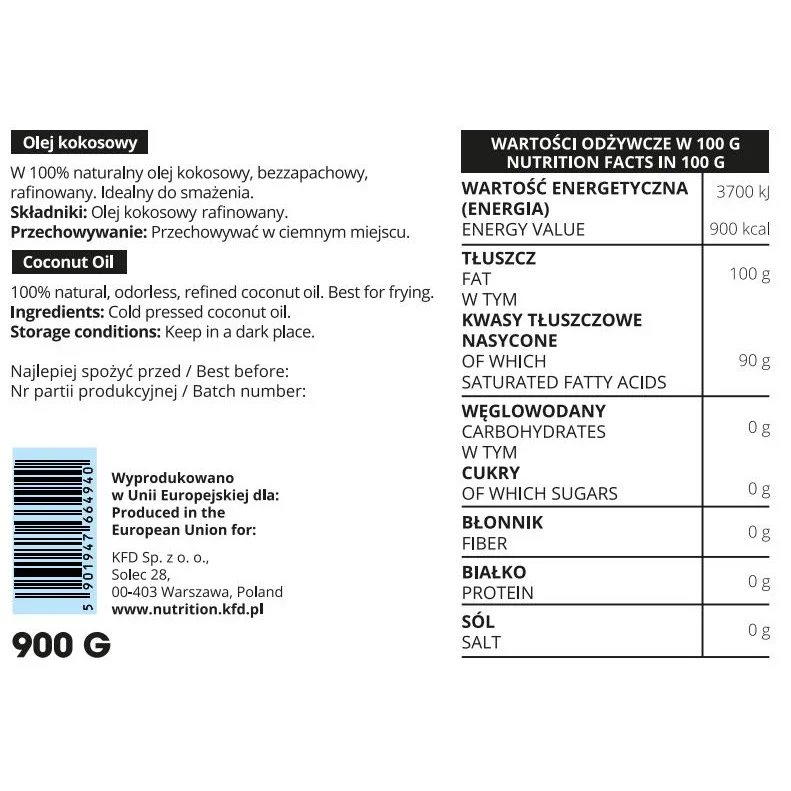 KFD Coconut Oil Refined - Кокосово Масло, Разфасовка 900g - KFD Nutrition