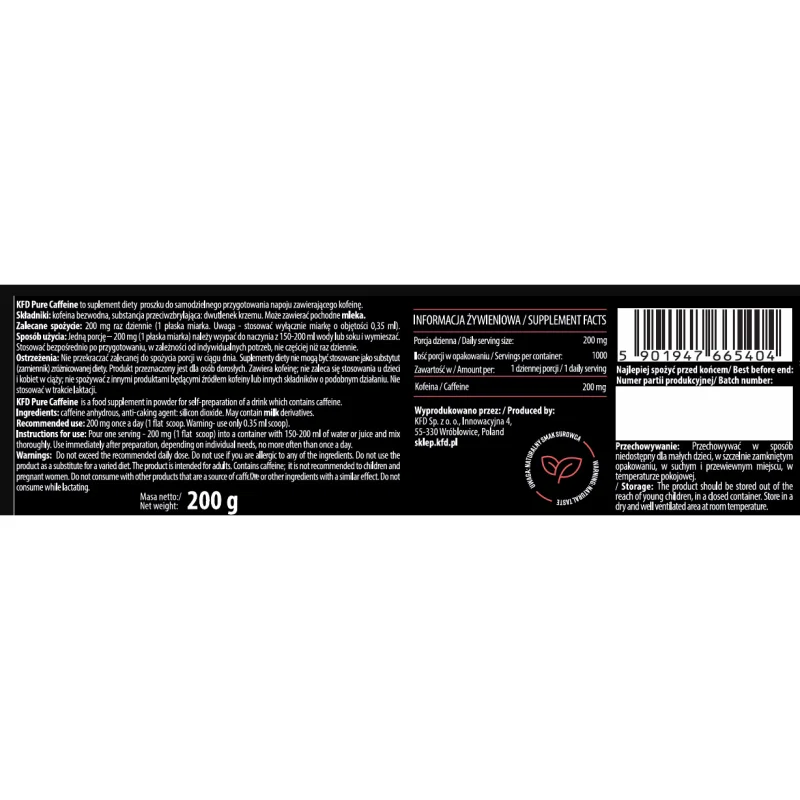 KFD Pure Caffeine Powder - Кофеин, Разфасовка 200g - KFD Nutrition