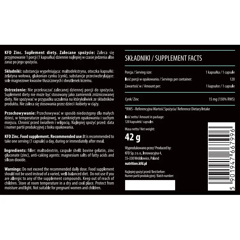 KFD Zinc - Цинк, Разфасовка 120 caps - KFD Nutrition
