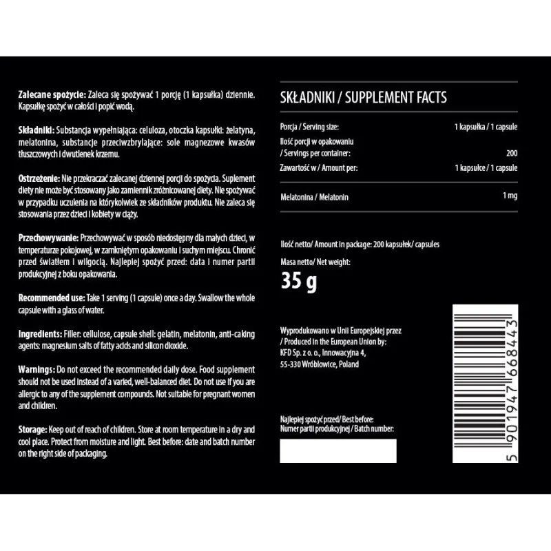 KFD Melatonin - Мелатонин, Разфасовка 200 caps - KFD Nutrition