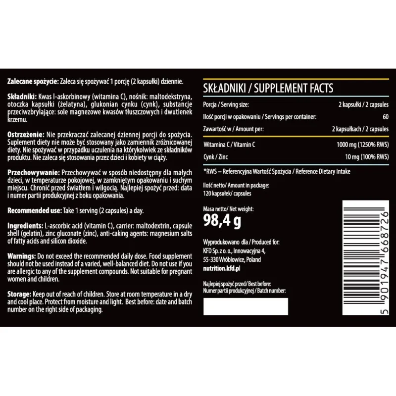 KFD Vitamin C + Zinc - Витамин C + Цинк, Разфасовка 120 caps - KFD Nutrition