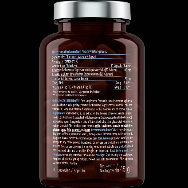 Lutein Forte 20 mg | with Zinc & Vitamin A / 90 капсули, 90 дози - Essensey