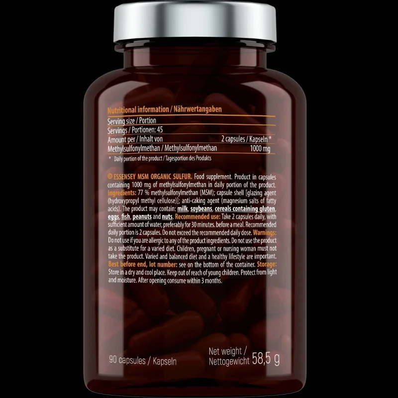 MSM Organic Sulfur 500 mg / 90 капсули, 45 дози - Essensey