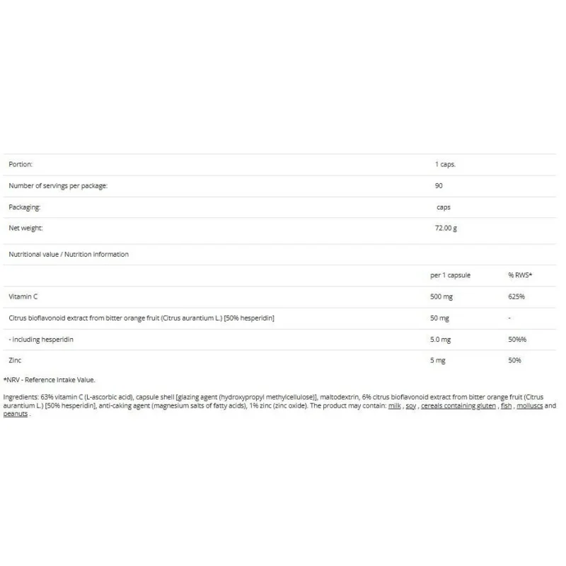 Vitamin C + Zinc & Bioflavonoids (90 дози) / 90 капсули - 6PAK Nutrition