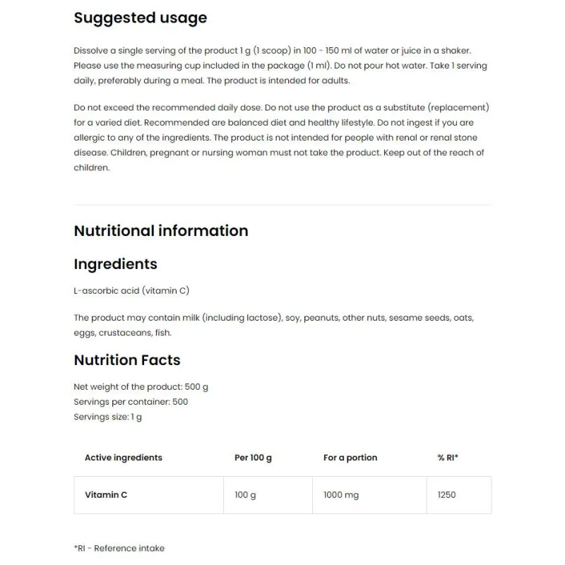 100% Vitamin C Powder / 500 грама, 500 дози - OstroVit
