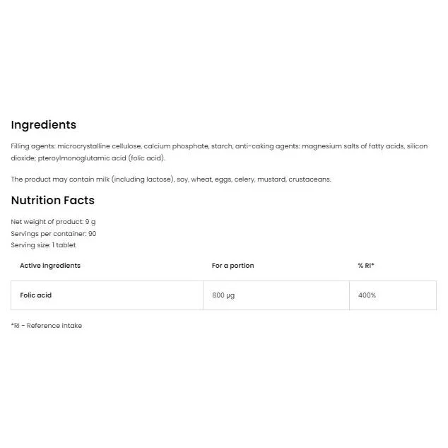 Folic Acid 800 mcg / 90 Таблетки, 90 дози - OstroVit