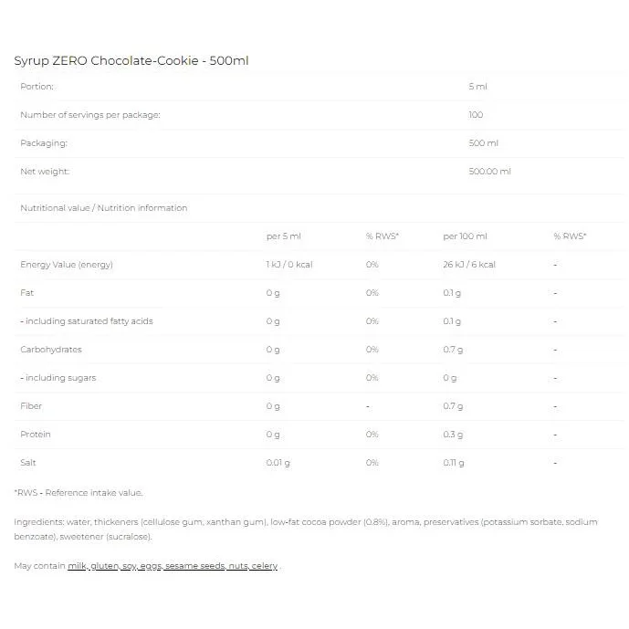 Syrup Zero - Chocolate Cookies / 500 мл - 6PAK Nutrition