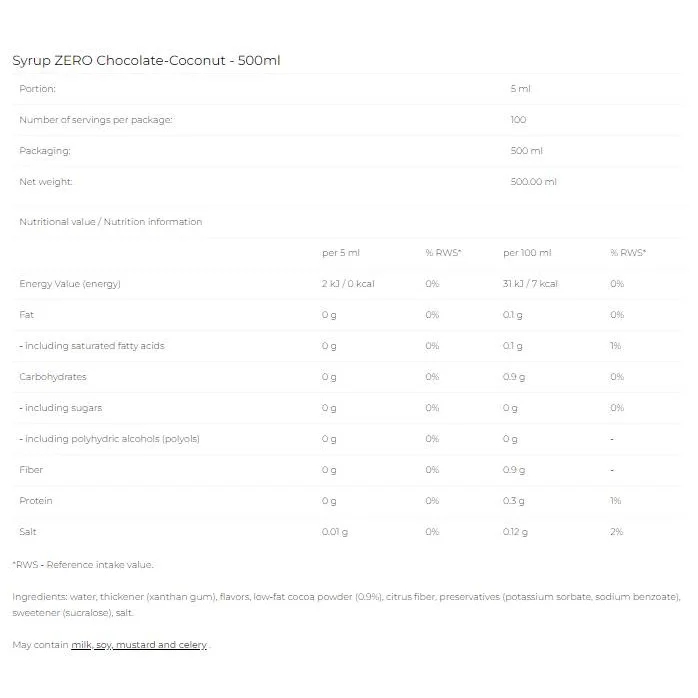 Syrup Zero - Chocolate Coconut / 500 мл - 6PAK Nutrition