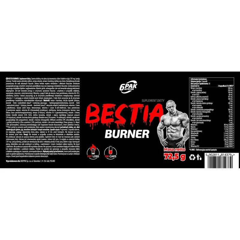 BESTIA Burner / 100 капсули, 50 дози - 6PAK Nutrition