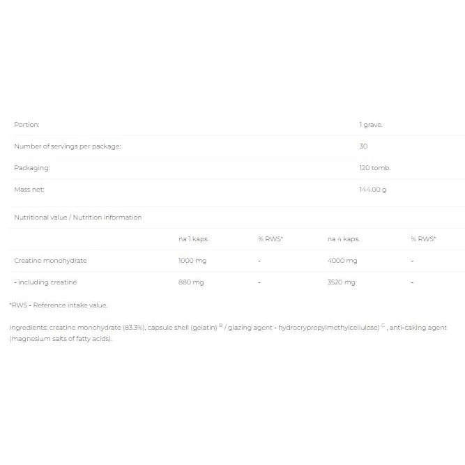 Creatine Monohydrate Caps / 120 капсули, 30 дози - 6PAK Nutrition