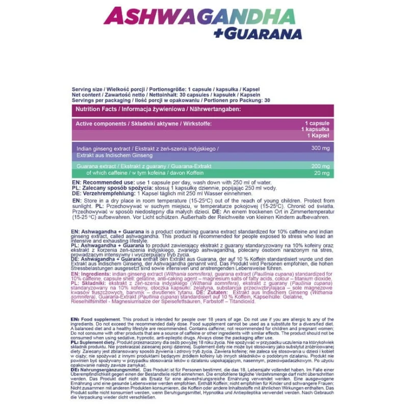 Ashwagandha + Guarana - Ашваганда + Гуарана, Разфасовка 30 caps - Allnutrition