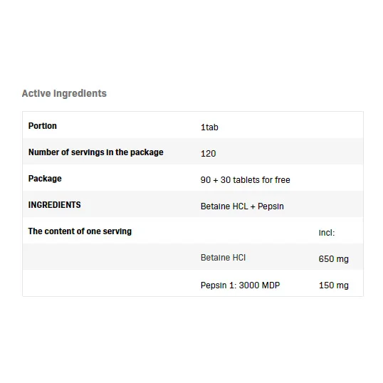 Betaine HCL + Pepsin - Бетаин + Пепсин, Разфасовка 120 tabs - SFD