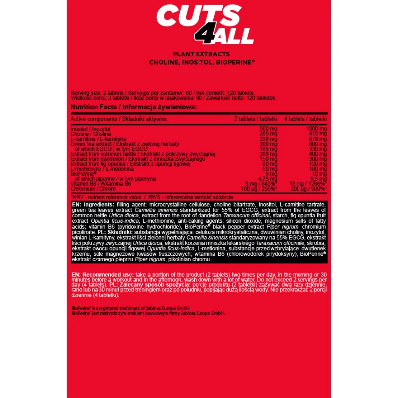 Cuts4All - Липотропен Фет Бърнър, Разфасовка 120 tabs - Allnutrition