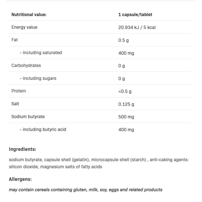 Sodium Butyrate 500mg - Натриев Бутират, Разфасовка 100 caps - Allnutrition
