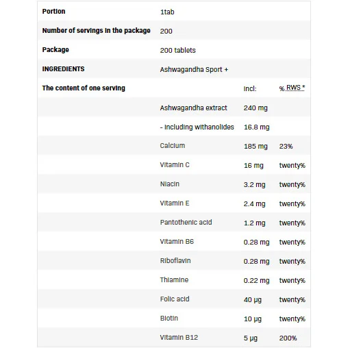 Ashwagandha Sport+ - Ашваганда, Разфасовка 200 tabs - SFD
