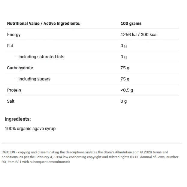 Organic Agave Syrup - Подсладител от Агаве, Разфасовка 470g - Allnutrition