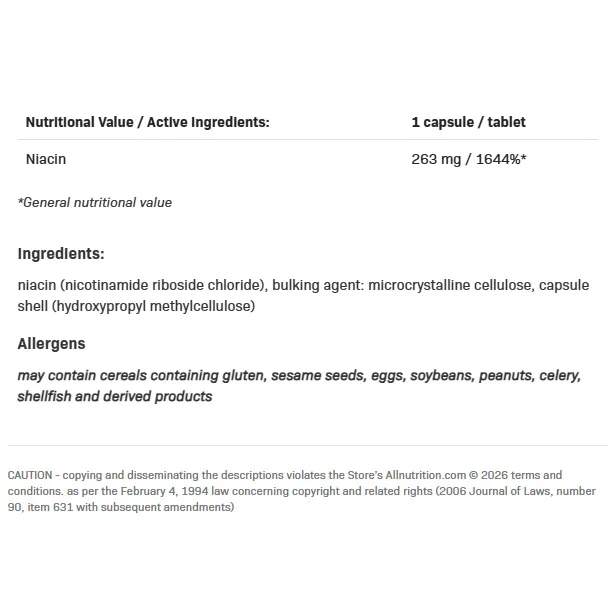 Nicotinamide Riboside - Никотинамид Рибозид, Разфасовка 60 tabs - Allnutrition
