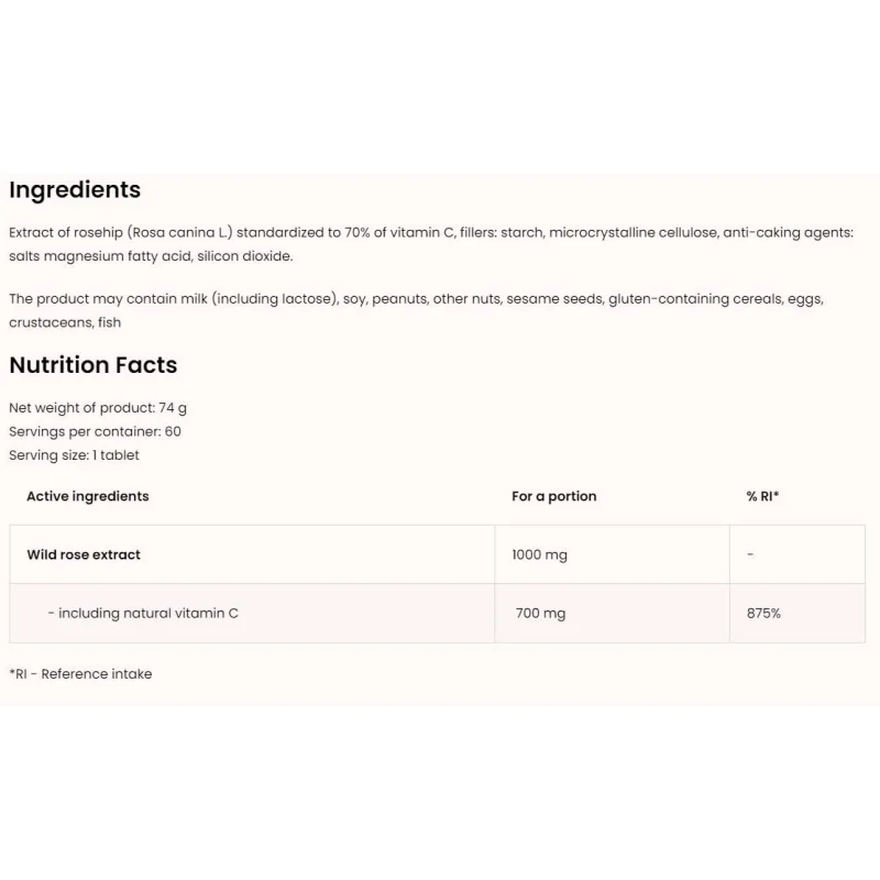 Vitamin C From Rose Hips / 700 mg Natural Vitamin C / 60 Таблетки, 60 дози - OstroVit