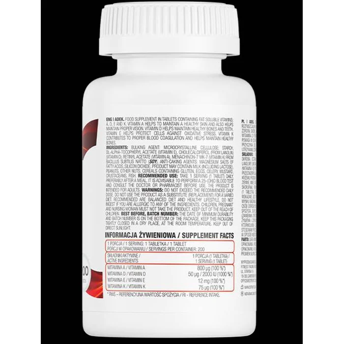 ADEK / Vitamin A + D + E + K (200 дози) / 200 Таблетки - OstroVit