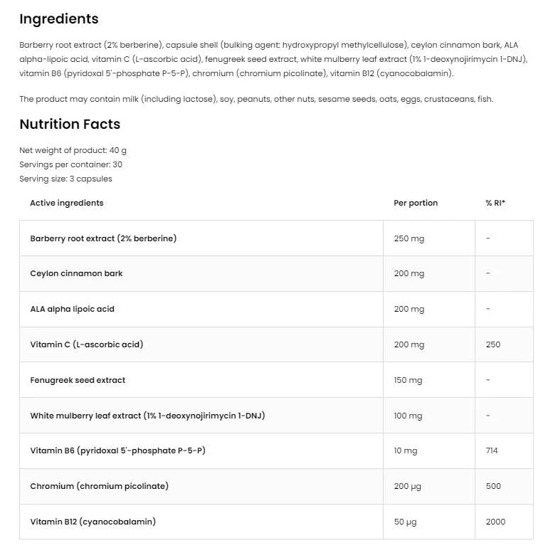 Glucose System Aid | with Berberine, Alpha Lipoic Acid, Cinnamon &amp; Mulberry / 90 капсули, 30 дози - OstroVit
