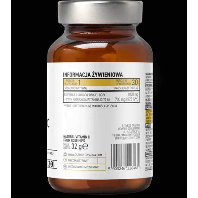 Natural Vitamin C 1000 mg / from Rose Hips / 30 капсули, 30 дози - OstroVit