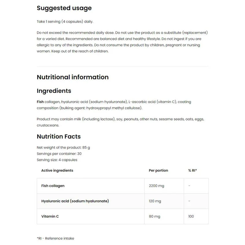 Marine Collagen / + Hyaluronic Acid and Vitamin C / 120 капсули, 30 дози - OstroVit