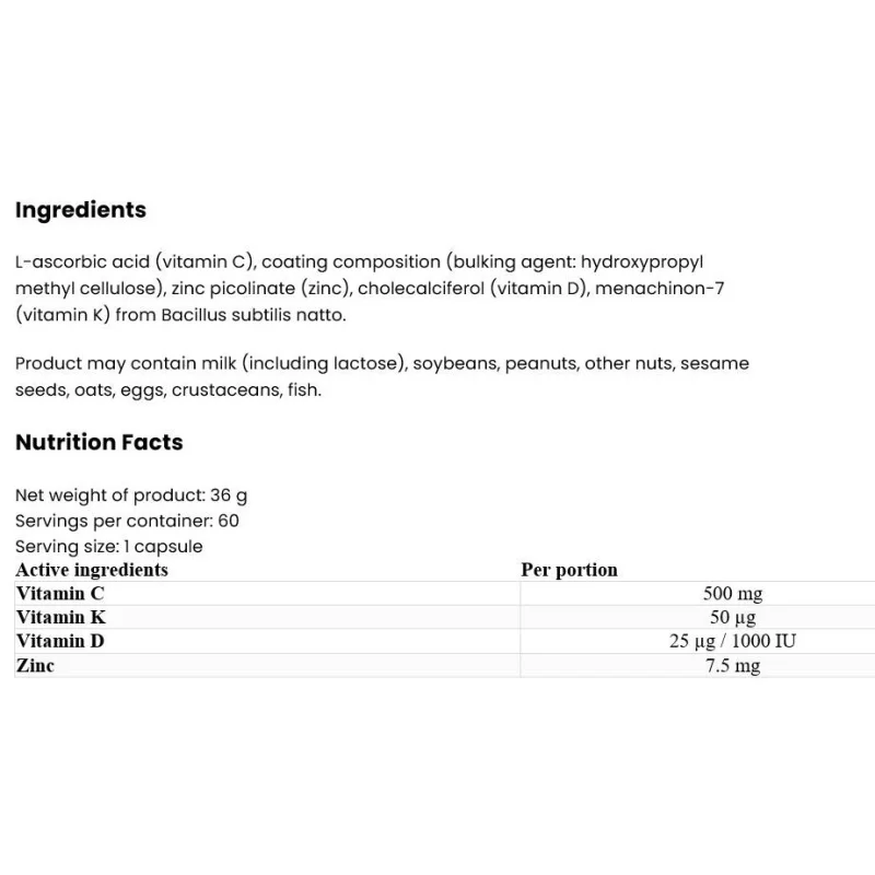 Vitamin D3 2000 + K2 MK-7 / + Vitamin C + Zinc / 60 капсули, 60 дози - OstroVit