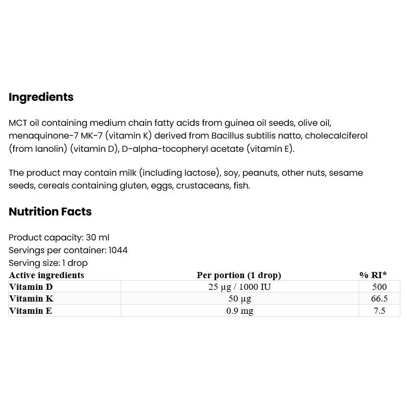 Vitamin D3 + K2 MK-7 Drops / 30 мл, 1044 дози - OstroVit