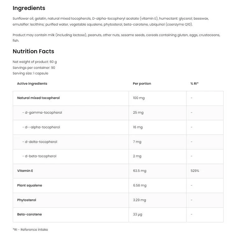 Vitamin E / Natural Tocopherols Complex / 90 Гел капсули, 90 дози - OstroVit