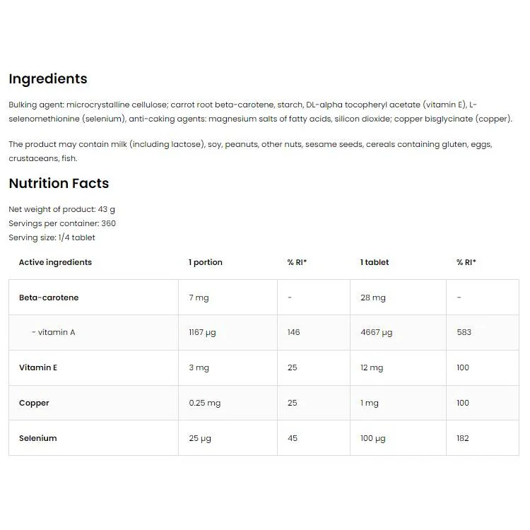 Beta-Carotene 28 / 90 Таблетки, 360 дози - OstroVit