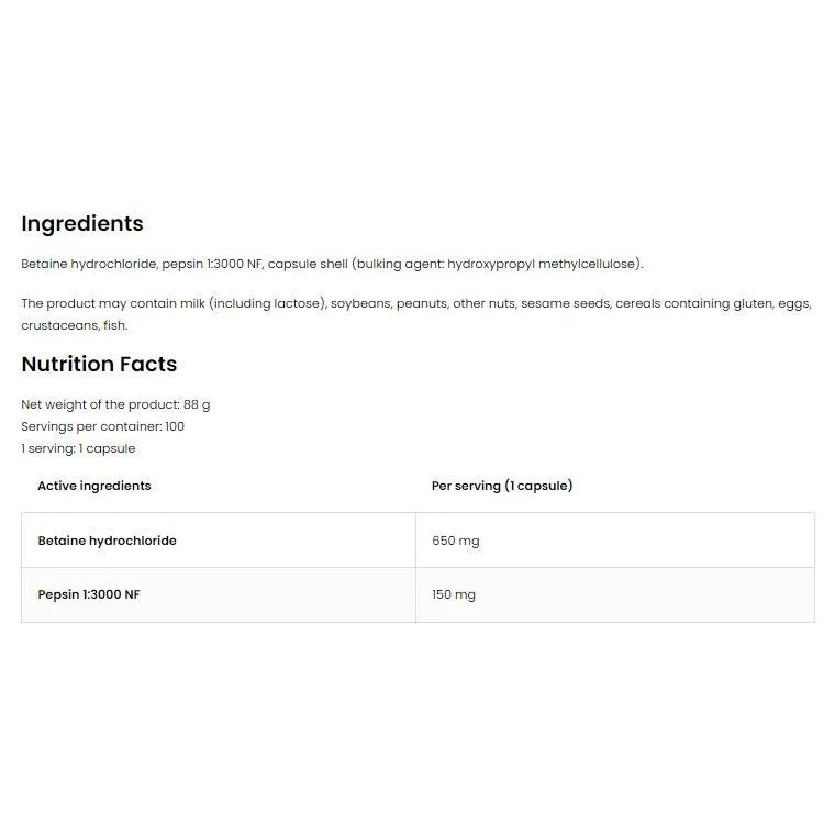 Betaine HCl + Pepsin / 100 капсули, 100 дози - OstroVit
