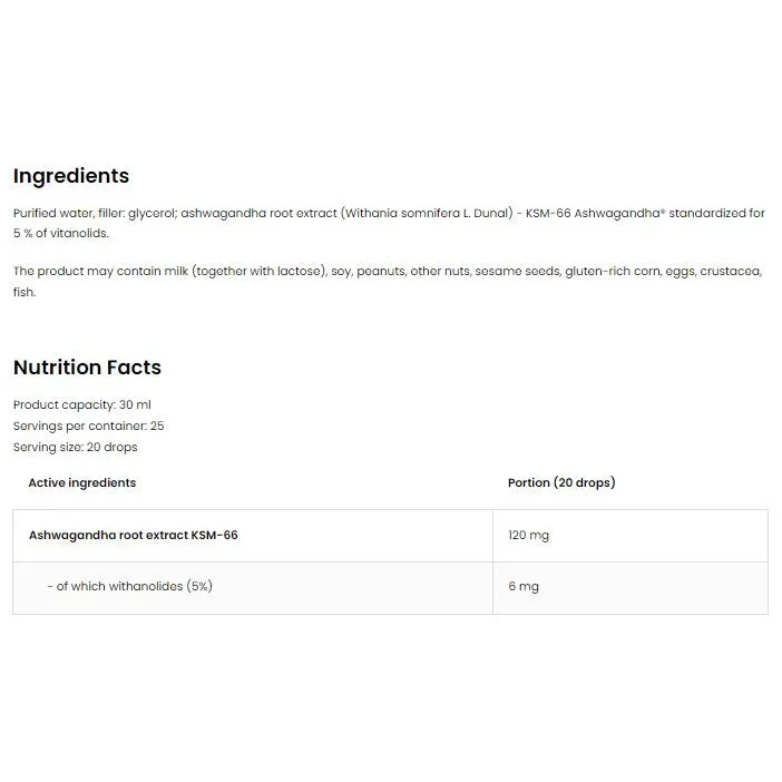 KSM-66 Ashwagandha Drops | Ashwagandha Root Extract / 30 мл, 25 дози - OstroVit