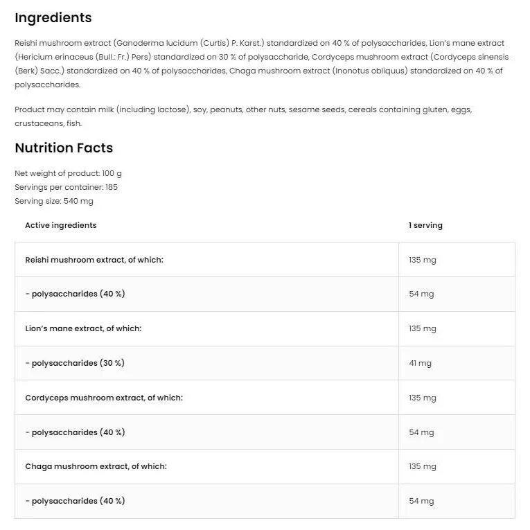 Quatro Mushroom Blend Powder | Lion's Mane ~ Reishi ~ Cordyceps ~ Chaga / 100 грама, 185 дози - OstroVit