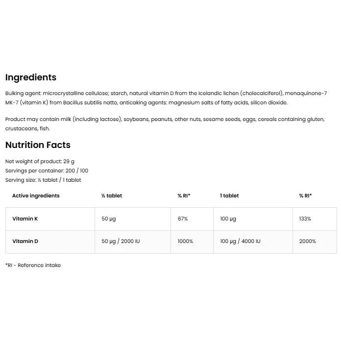 Vitamin D3 4000 IU + K2 100 mcg | Vege (100 дози) / 100 Таблетки - OstroVit