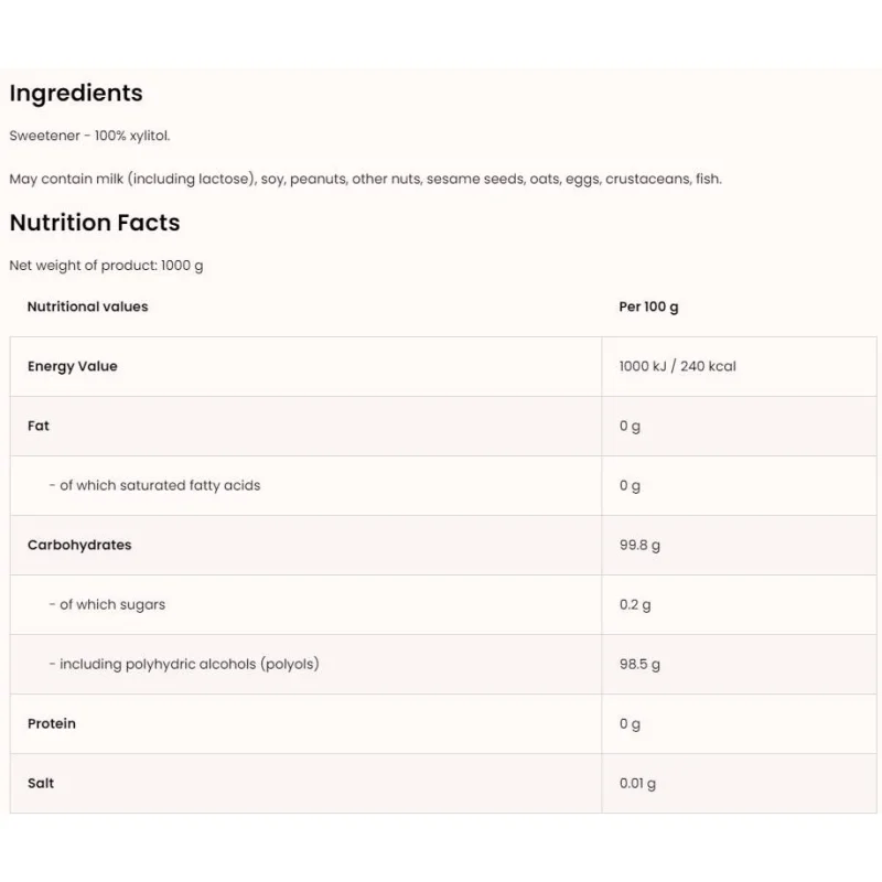 Xylitol / Sugar Free Sweetener / 1000 грама - OstroVit