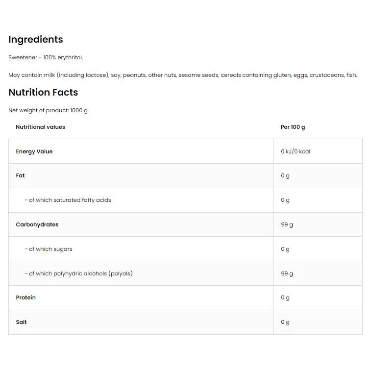 Erythritol / Sugar Free Sugar / 1000 грама - OstroVit