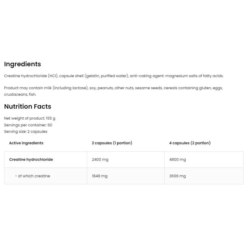 Creatine HCL 2400 / Creatine Hydrochloride / 120 капсули, 60 дози - OstroVit