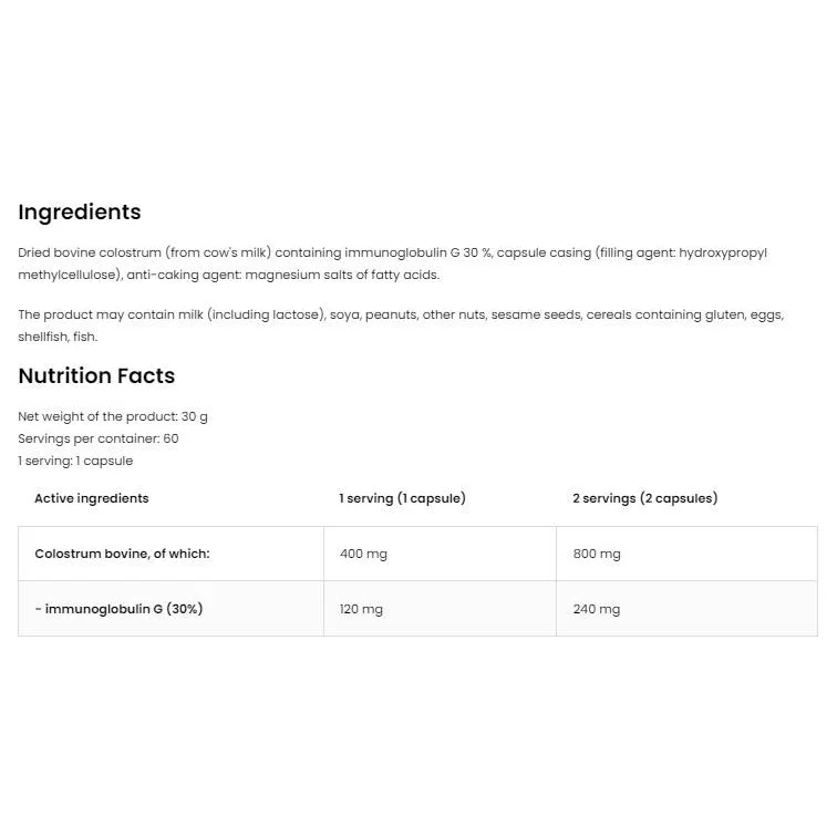 Colostrum Bovine 400 mg | 30% Immunoglobulin G / 60 капсули, 60 дози - OstroVit